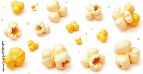 Create a kinds of deferent Fresh pop corn vector art with white background.