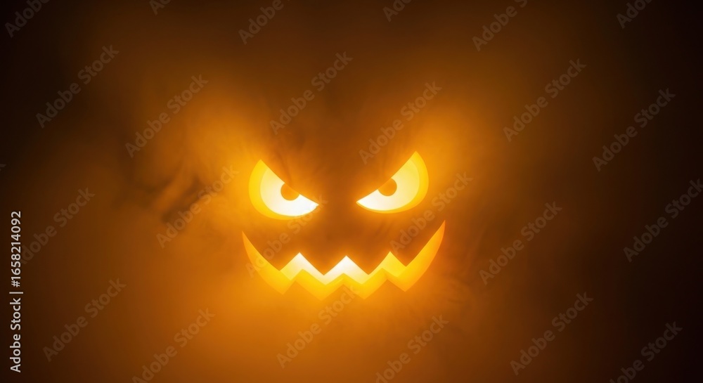 Fototapeta premium A glowing jack o lantern face with sharp teeth and angry eyes in a dark and foggy background scene