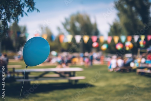 Colorful outdoor park picnic area with wooden tables, chairs, balloons, and banners under summer sun. Family-friendly recreation space with green trees and festive decorations.