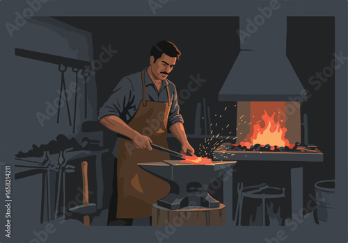Blacksmith works metal on anvil at forge with fire glowing in the background