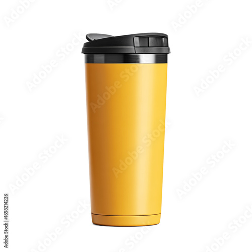 Stainless steel tumbler with lid, color mustard yellow, in the style of clipart isolated on transparent or white background.