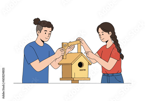 Couple builds a birdhouse at home, isolated. For DIY projects