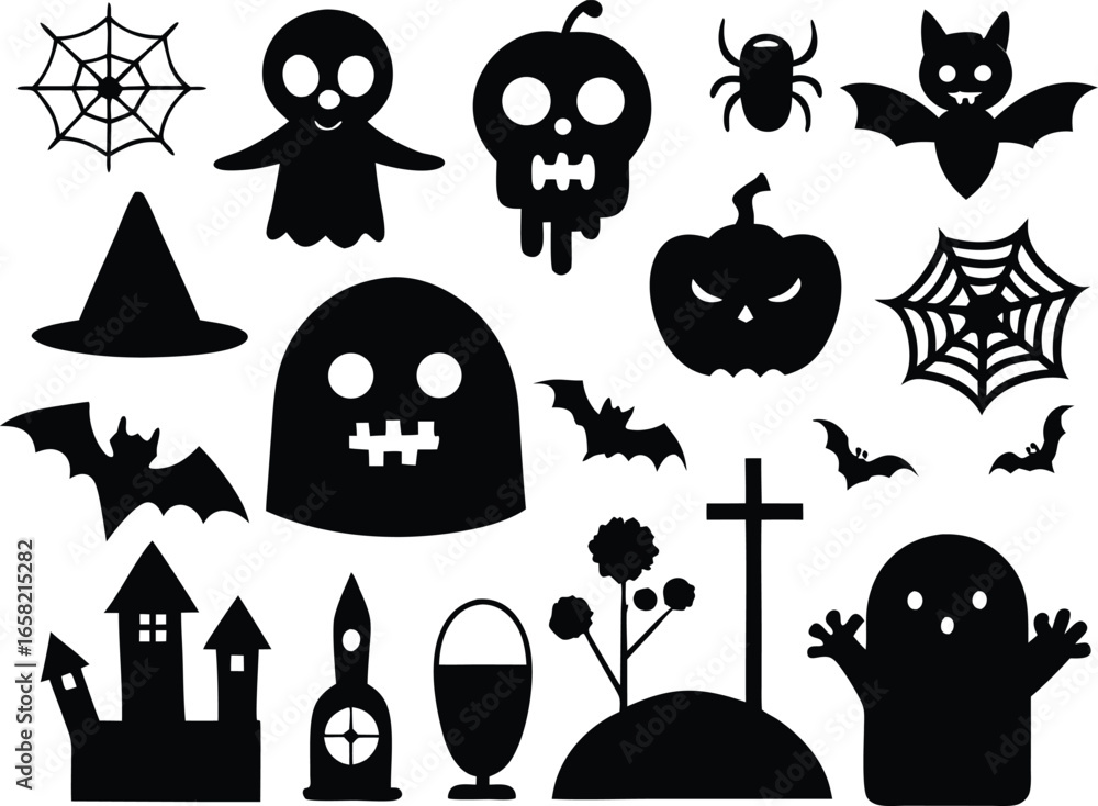 Obraz premium Spooky Halloween Silhouettes: Ghosts, Bats, Pumpkins, and More