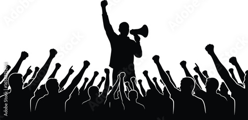 Silhouette of protest crowd with raised fists, leader with megaphone, activism, unity, rally, demonstration, social movement, freedom, collective action