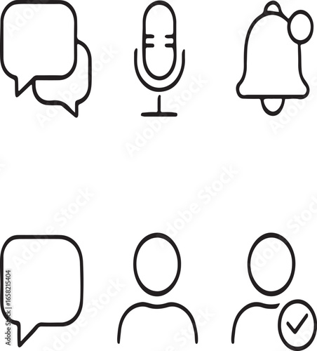 Design a cohesive icon grid for a messaging and voice assistant app, featuring speech bubbles, voice input, notifications, and user profiles