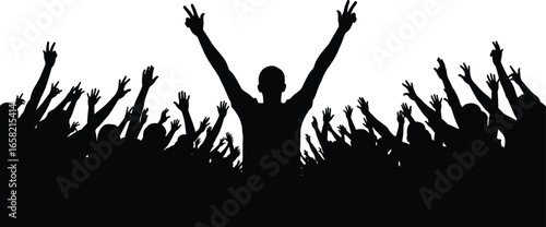 Silhouette crowd with raised arms in celebration, central victory pose, unity, freedom, joy, concert, rally, protest, group energy