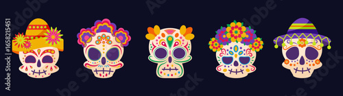 Day of the Dead skulls decoration with different ornaments, hats and flowers. Mexican celebration Dio De Muertos decorative element set. Vector illustration. 