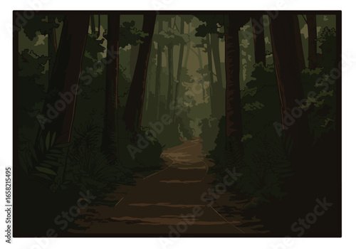 Forest path invites viewers forward; distant trees fade for possible meditation use