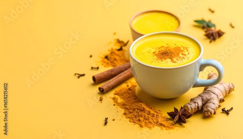 Golden Milk with Turmeric and Cinnamon – Traditional Ayurvedic Healing Drink on Yellow Background