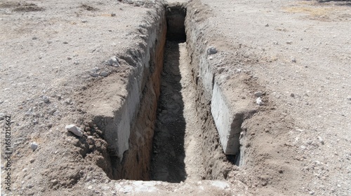 Excavated trench in dry soil with concrete edges for construction or utility projects