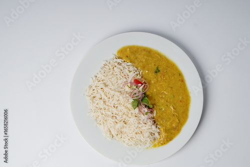 Photography Dal Chawal in plate on white background