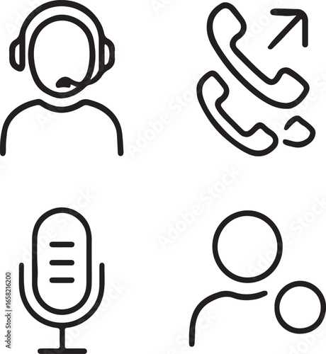 Produce a vector icon series for a digital receptionist system, with headset, call queue, voice recognition, and status indicators in a unified style