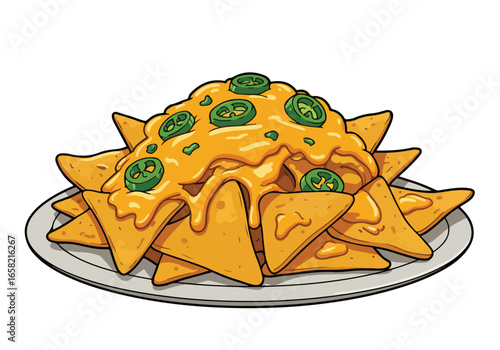 Cartoon plate of nachos topped with cheese and jalapeños, white background