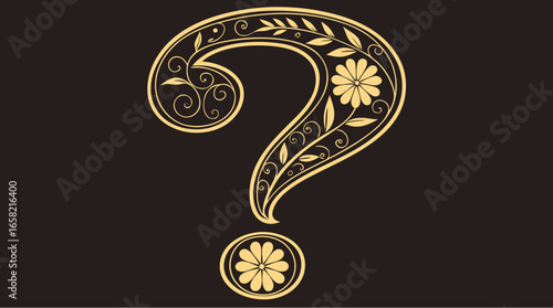 Golden Ornate Question Mark with Decorative Floral Engravings on Black Background