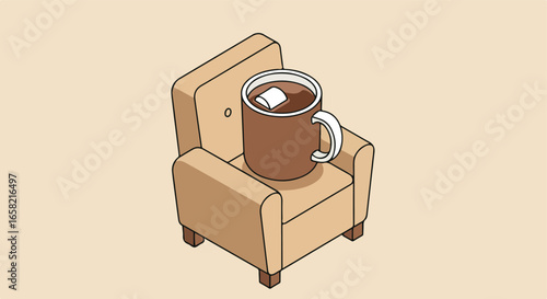 Cartoon mocha mug rests on the cozy armchair; flat background for graphic use