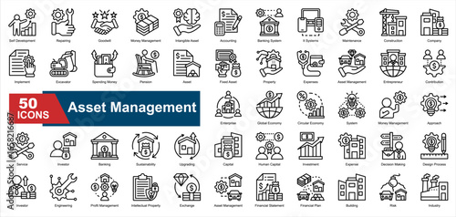 A collection of  Asset Management icons. Includes investment, risk, enterprise, engineering, maintenance, accounting, and more. Perfect for presentations, reports, and business visuals.
