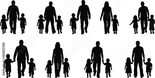 Silhouettes of adults and children walking hand in hand, family relationship concept, parenting, bonding, care, love, lifestyle, generational connection