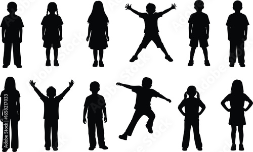 Silhouettes of children in various poses, standing, jumping, raising arms, playful activity, childhood fun, lifestyle concept, movement, energy, outdoor scene