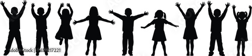 Silhouettes of children standing and jumping with arms raised, playful poses, childhood joy, active lifestyle, movement, energy, outdoor fun, happiness