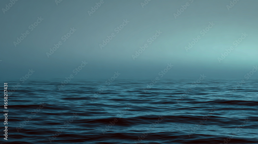 Fototapeta premium Misty ocean horizon with blue and gray water under a calm sky, tranquil seascape, soft atmospheric lighting, high-resolution.