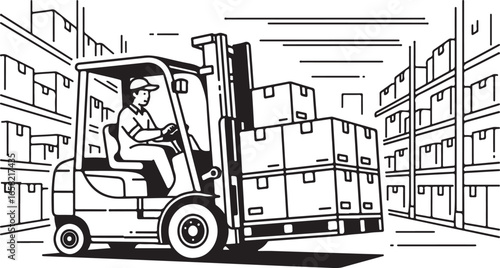 Black and white illustration of a forklift in a warehouse