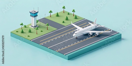 A charming voxel art isometric airport scene featuring a modern passenger jet on the tarmac with a control tower and lush green landscape