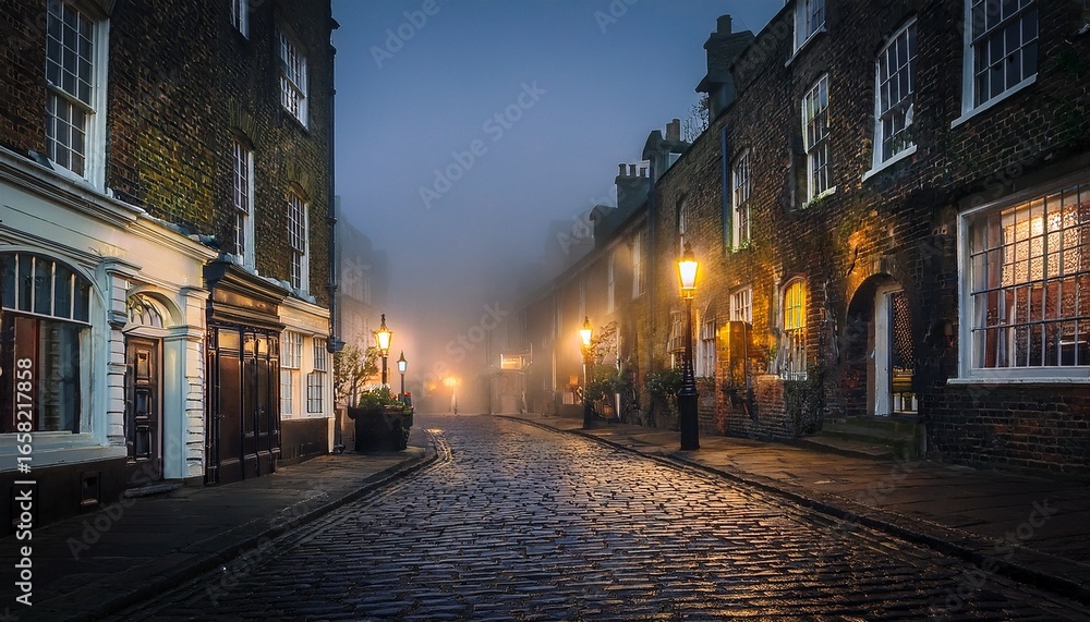 Obraz premium moody evening in victorian london gas lights illuminate foggy cobblestone streets