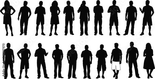 Silhouettes of diverse people standing in various poses, different clothing styles, holding objects, hands in pockets, posture variety, lifestyle, body language study