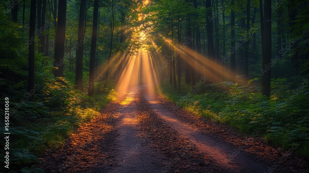 Obraz premium Sunbeams Shining Through Forest Trees onto a Dirt Path 