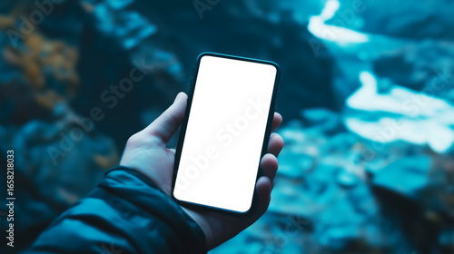 Man holding smartphone with empty screen in natural outdoor, hiking