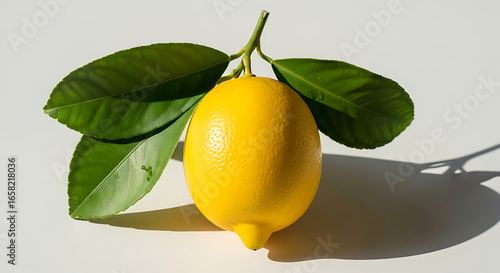 This high-key, clean product photograph captures a perfect yellow lemon with its leaves.
