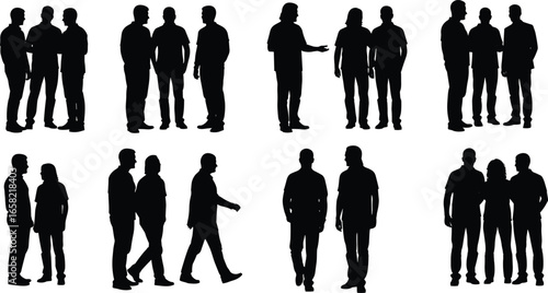 Silhouettes of groups of people walking and standing together, two to four individuals, friendship, teamwork, social interaction, lifestyle, community concept