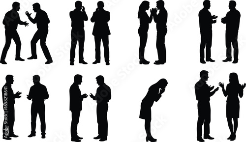 Silhouettes of pairs of people interacting, talking, discussing ideas, body language study, communication styles, social dynamics, lifestyle, relationship, connection scene