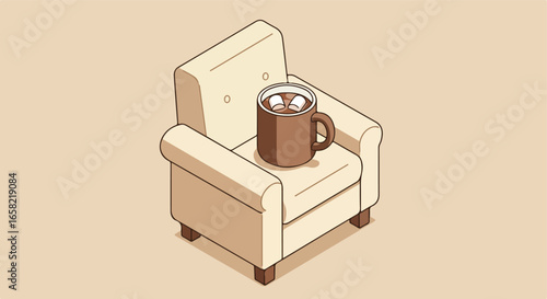 Drink on Chair Hot Cocoa on Seat For Break, Cozy Vector Flat Isometric Background