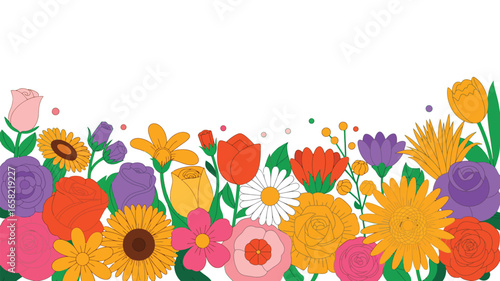 A colorful assortment of various flowers arranged along the bottom edge of a white background