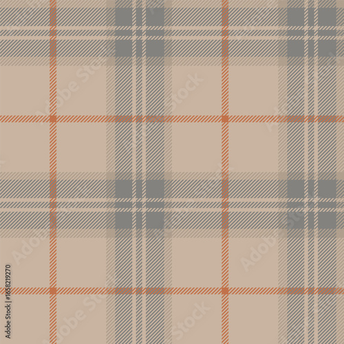 Seamless plaid pattern with a warm, earthy color palette of creamy beige, terracotta, and silver grey. Perfect for textile, background, and rustic designs.