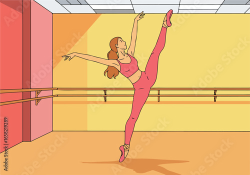 Ballerina balances in studio near barre with ceiling tiles; fitness, dance, teaching