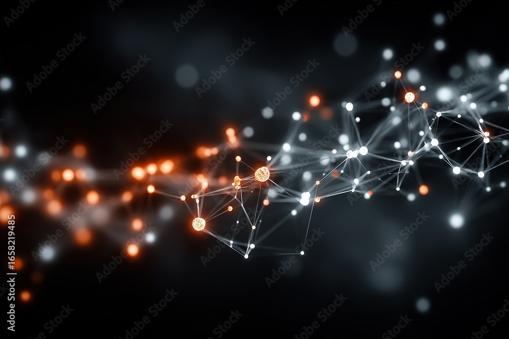 Obraz premium AI concept visualization with abstract neural networks and flowing data streams, translucent geometric structures, deep depth of field, and dynamic cool-warm contrast, perfect for tech illustration