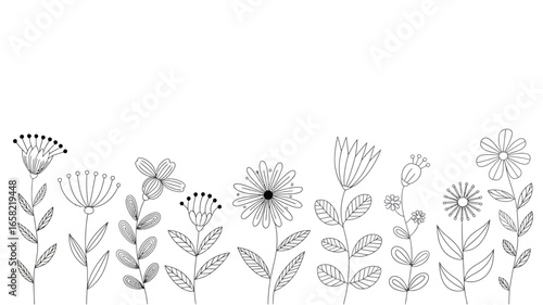A black and white illustration of various flowers with stems and leaves in a simple line drawing style