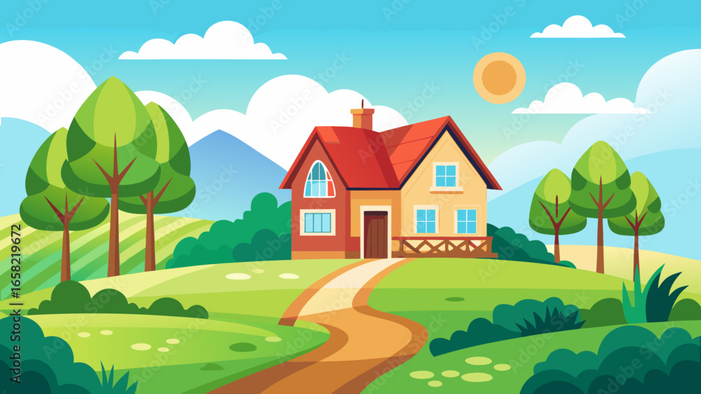Naklejka premium Vector art of cartoon house on a hill with a winding path, trees, and a sunny sky, perfect for a rural or countrysidethemed illustration