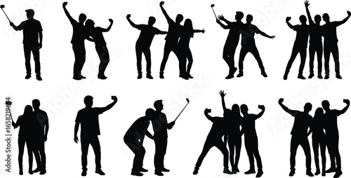 Silhouettes of people taking selfies with selfie sticks, individuals and groups posing, photography concept, modern lifestyle, social media, travel, friendship