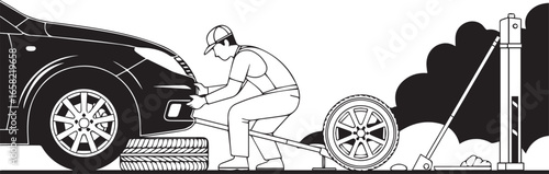 Black and white illustration of a man changing a car tire.