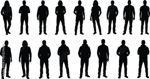 Silhouettes of people standing in various poses, arms crossed, hands in pockets, legs crossed, lifestyle concept, posture variety, body language study