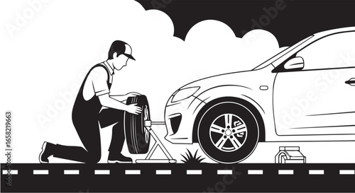 Black and white illustration of a mechanic changing a tire