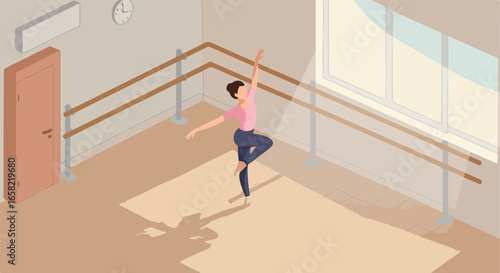 Ballerina in a dance studio doing ballet, with sunlight streaming through a window