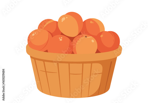 Ripe peaches in basket. Still life on white. Graphic resource for designs