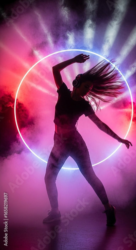 Dance in Radiance: A silhouette of a graceful dancer twirls under an electric halo, embodying the vibrant energy and dynamic movement of a captivating performance, amplified by colorful haze