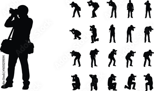 Silhouettes of photographers in various poses, standing, crouching, kneeling, bending, taking photos, holding cameras, dynamic photography concept, creative lifestyle scene