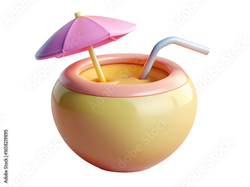 3d of a coconut cocktail with pink umbrella and straw perfect for summer vacation and beach theme designs 3d illustration isolated on transparent background