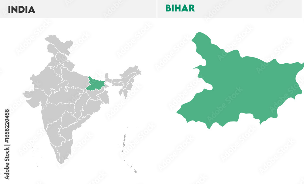Obraz premium Bihar administrative map, Indian states, suitable for education, business, presentations, print, web use, and creative geographic projects. Indian union territory.
